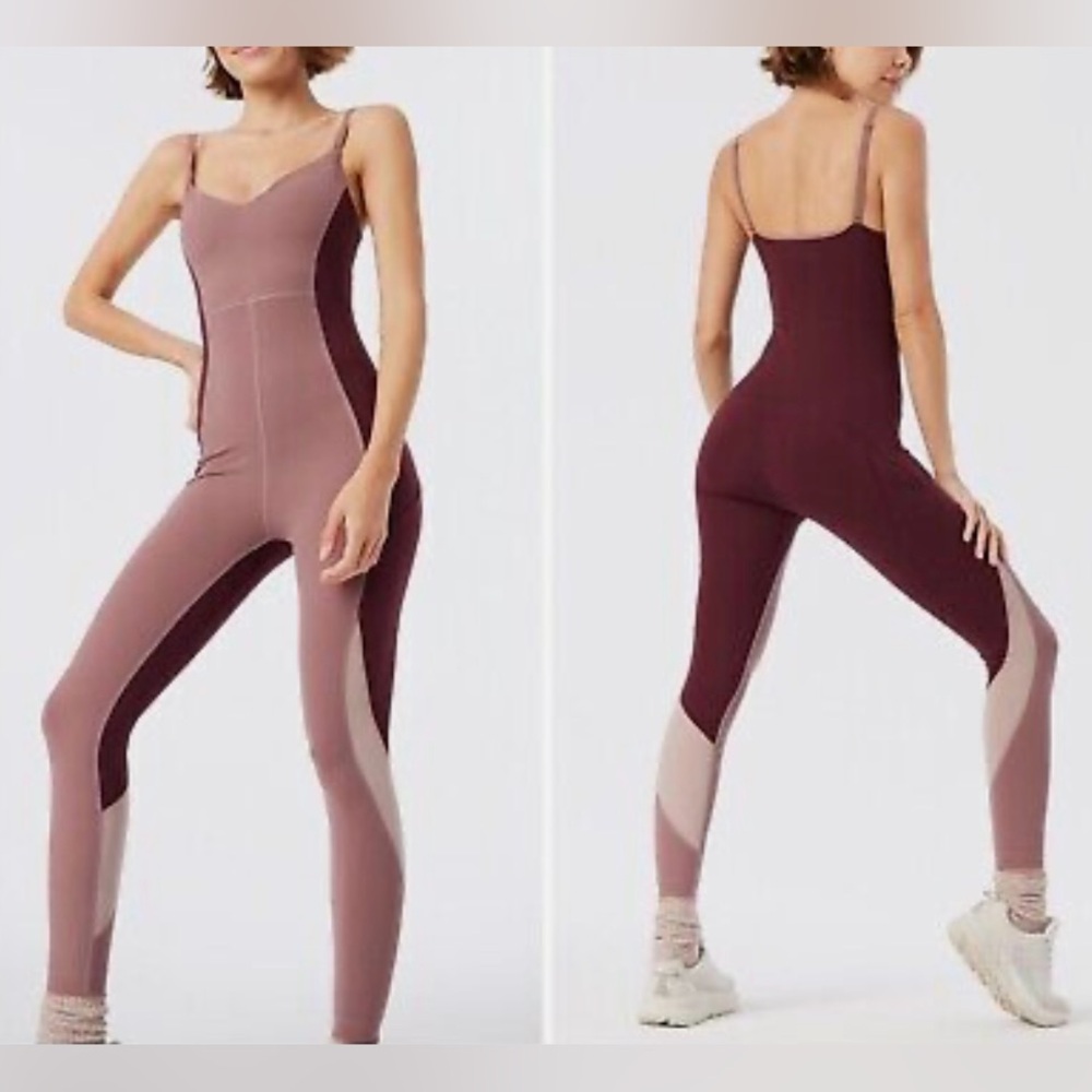 Outdoor Voices Taupe Maroon ZOOM FULL LENGTH BODYSUIT Jumpsuit Size Medium